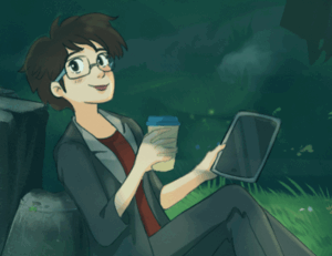 Al Illustration of Samantha Robertson. A woman in professional attire holding a cup of takeout coffe while holding a tablet computer