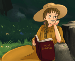 Illustration of Fraceska Kristavale. A girl in a yellow dress and wide-brimmed sun hat reading a book