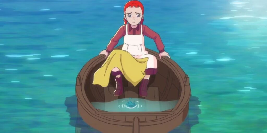 The character Anne Shirley, a red-haired girl in a simple dress, sitting in a small boat that has sprung a leak and is filling with water.