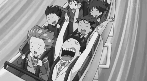 Anime characters riding and screaming on a roller coaster