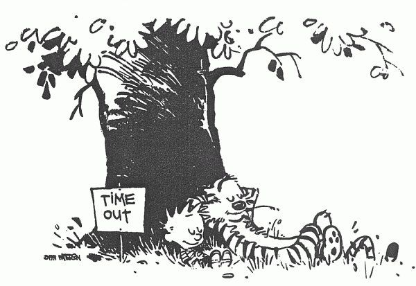 Calvin and Hobbes sitting under a tree, resting, next to a sign that says "Time out". Ary by Bill Watterson