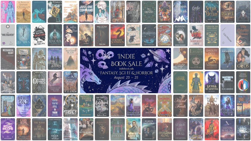 Banner for the Narratess Indie Book Sale. A Dragon with a small pile of skulls and a ringed planet are surrounded by several dozen books. 

Text: Indie Book Sale

indiebook.sale

Fantasy, Sci FI & Horror

August 23 - 25

Banner designed by Arden Powell
