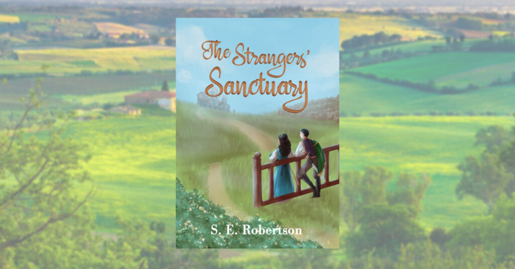 The cover form The Strangers' Sanctuarty by S.E. Robertson.  Vover features a male and female figure standing next to a fence looking at a road leading to a building in the distance.