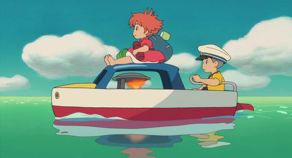 Ponyo and Sosuke from the film Ponyo by Studio Ghibli.  Two children riding on a giant toy boat in a flooded town