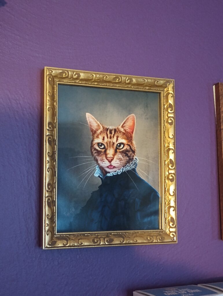 A renaissance-style portrait of a nobleman with a cat's head. Cat is sticking out his tongue