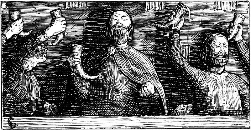 Earl Sigvaldi swearing an oath to conquer Norway at the memorial feast of Harald Bluetooth.
Halfdan Egedius: Illustration for Olav Trygvasons saga (1899)