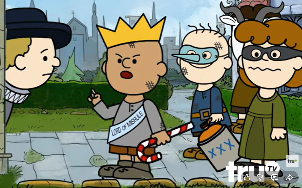 An illustration in the style of "Peanuts" featuring English beggars accosting a wealthy man. One is wearing a crown and a sash that says, "The Lord of Misrule."  