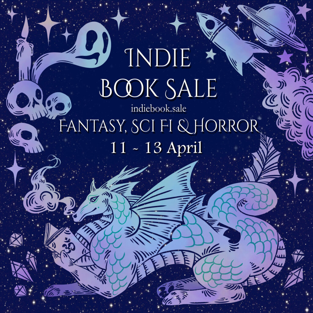 Banner for April 11 – 13 Narratess Indie Book Sale for the Fantasy, Sci-Fi, and Horror Genres. Designed by Arden Powell. A silver and purple dragon reading a book, diamonds, skulls, ghosts, a spaceship, a planet, and stars are cleverly arranged against a dark purple background.