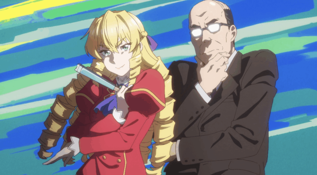 Image from "From Bureaucrat to Villaness: Dad's Been Reincarnated!" featuring the protagonist as both their real self and the new body he found himself reincarnated into, that of a blonde teenage girl
